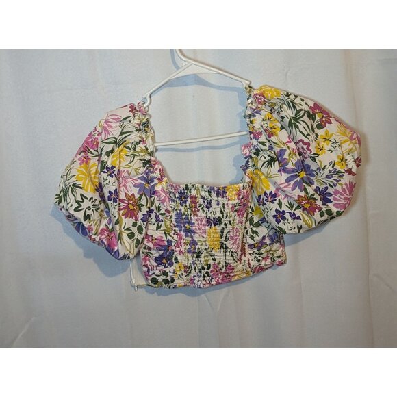 ASTR Shirt Women's S Floral Smocked Puff Sleeve Peasant Boho Blouse Cropped - Picture 10 of 15
